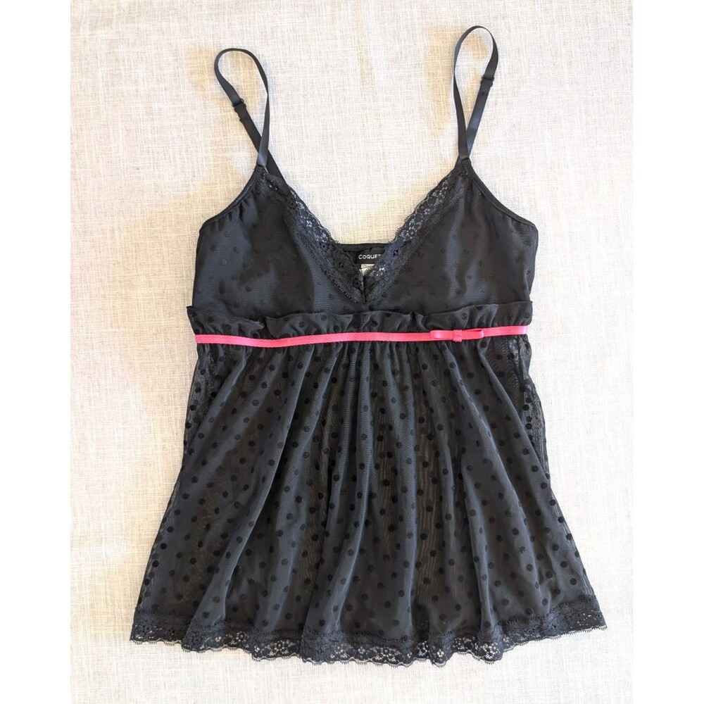 Coquette Sheer Black Polka Dot Mesh Lace Babydoll Top Fairy Whimsigoth Sexy Y2K